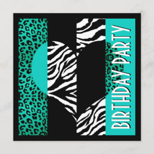 Convites Impressão Animal Aqua Azul Leopardo Negro e Zebra