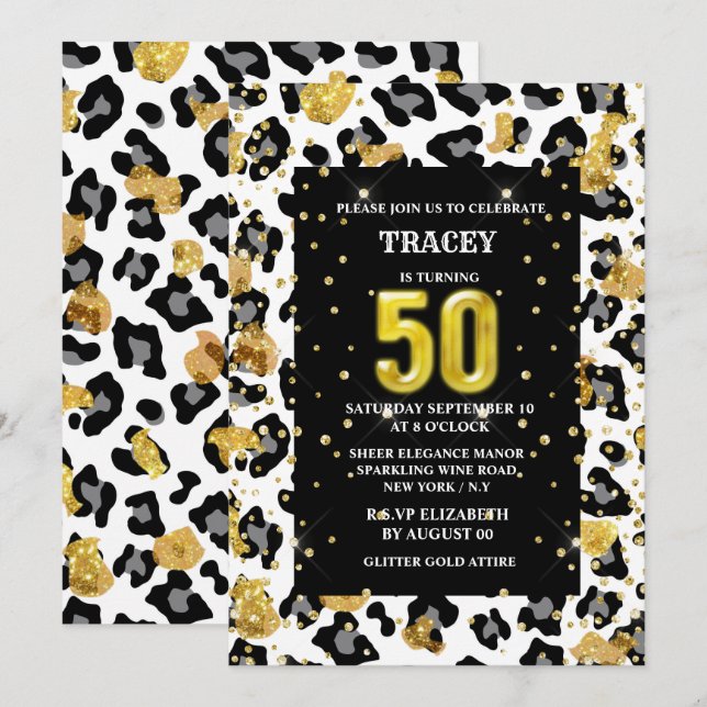 Convites Impressão animal preta padrão de pele de ouro escu (Frente/Verso)