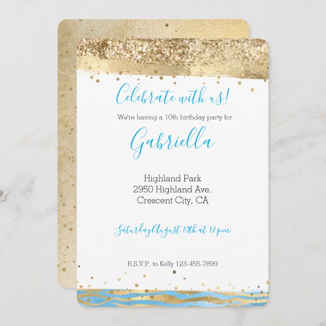 Convites Impressão de Animal Brilho Azul Água Dourado Confe (Frente/Verso)