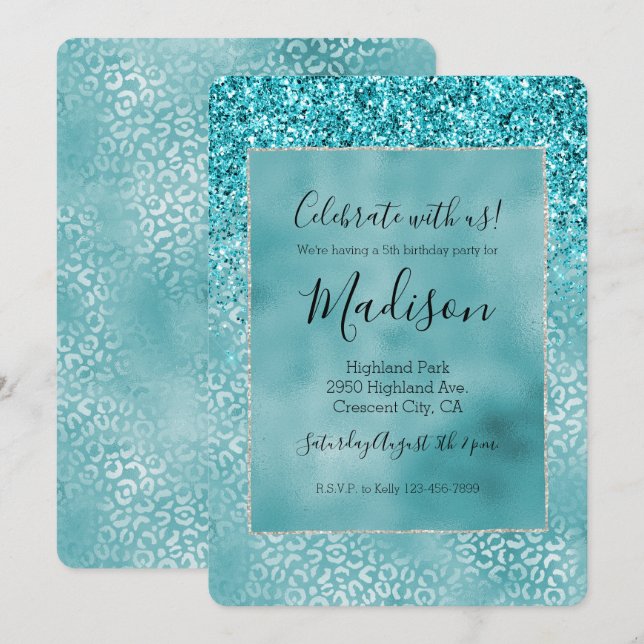 Convites Impressão de Aqua Teal Turquoise Glam Leopardo (Frente/Verso)