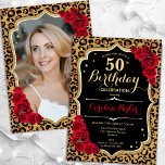 Convites Impressão de Leopard Foto Dourada 50º Aniversário<br><div class="desc">Elegante convite de 50 anos femininos com sua foto na parte de trás do cartão. Design preto de vidro com impressão de leopardo animal e ouro brilhante falso. Apresenta rosa vermelha, fonte de script e confetti. Perfeito para uma festa de comemoração de na moda adulto. Personalize com seus próprios detalhes....</div>