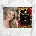 Convites Impressão de Leopard Foto Dourada Vermelha Preta 5<br><div class="desc">Elegante convite floral feminino para o 50º aniversário com sua foto. Design vermelho preto de vidro com ouro brilhante. Possui impressão de leopardo animal, rosas vermelhas, fonte de script e confetti. Perfeito para uma festa de comemoração de na moda adulto. Personalize com seus próprios detalhes. Pode ser personalizado para qualquer...</div>