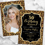 Convites Impressão de Leopardo Dourado preto Foto 50º anive<br><div class="desc">Elegante convite de 50 anos femininos com sua foto na parte de trás do cartão. Design preto de vidro com impressão de leopardo animal e ouro brilhante falso. Possui fonte de script e confetti. Perfeito para uma festa de comemoração de na moda adulto. Personalize com seus próprios detalhes. Pode ser...</div>