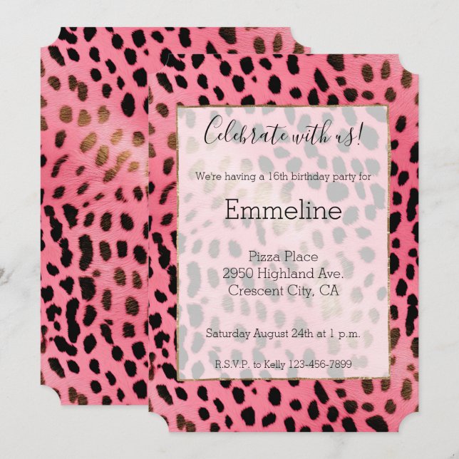 Convites Impressão de Leopardo Preto Rosa Menor (Frente/Verso)