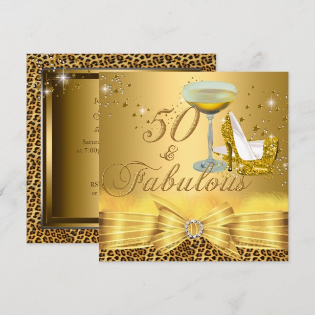 Convites Impressão de leopardo & Saltos 50 Fabuloso Ouro (Frente/Verso)
