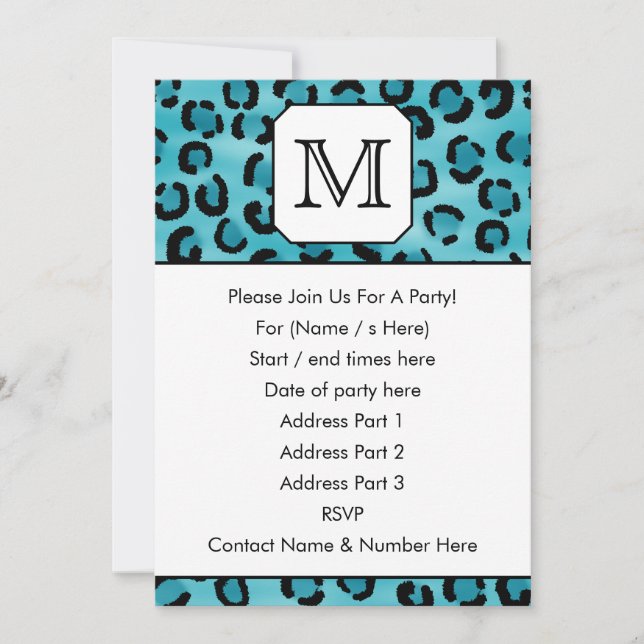Convites Impressão De Leopardo Teal, Monograma Personalizad (Frente)