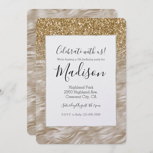 Convites Impressão de Zebra - Falsa Glitter Dourada (Frente/Verso)