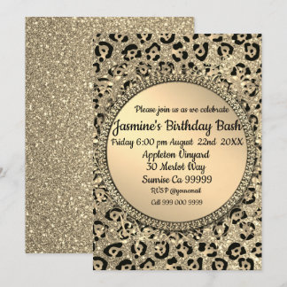 Convites Impressão do Glam Leopard com Glitter Dourado