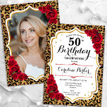 Convites Impressão do Leopard Foto Branca Dourada 50º Anive<br><div class="desc">Elegante convite de 50 anos femininos com sua foto na parte de trás do cartão. Design de vidro com impressão de leopardo animal e ouro brilhante falso. Apresenta rosa vermelha, fonte de script e confetti. Perfeito para uma festa de comemoração de na moda adulto. Personalize com seus próprios detalhes. Pode...</div>