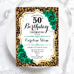Convites Impressão do Leopardo Verde Dourado 50º aniversári<br><div class="desc">50º Convite de aniversário. Elegante design verde-esmeralda floral com ouro e rosas brilhantes falsos. Apresenta a impressão e a letra de um animal de chita leopardo. Perfeito para uma comemoração de dia das mulheres na moda. Pode ser personalizado para qualquer idade! Impressos convites Zazzle ou modelo de impressão digital instantânea...</div>