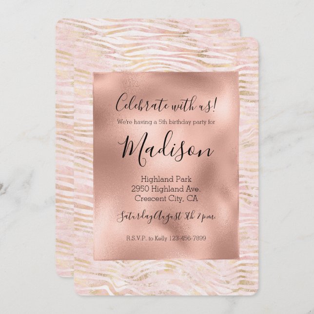 Convites Impressão Dourada Zebra com Glama Rosa Esbranquiça (Frente/Verso)