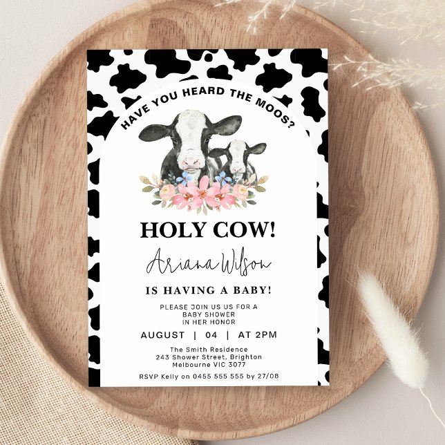 Convites Impressão Floral Santa Chá de fraldas de Vaca Negr (Cow Print Holy Cow Baby Shower Invitation,  Black White Cow Print, Floral Holy Cow Baby Shower )