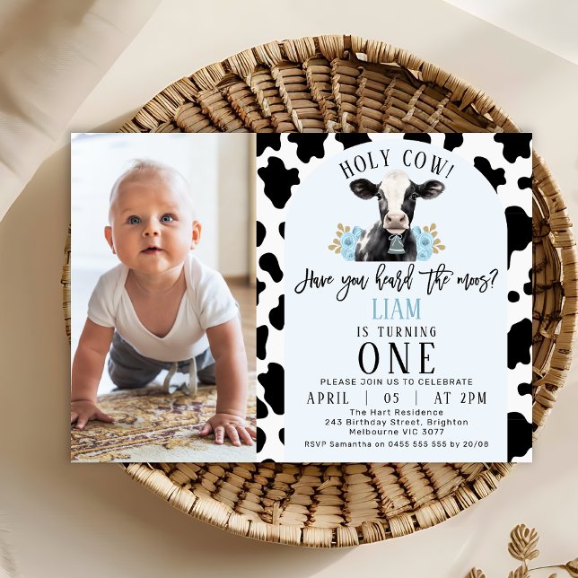 Convites Impressão Foto de de Vaca Azul Floral Santa primei (Boy's Holy Cow 1st Birthday Invitation Template, Photo Cow Themed Birthday Invitation, Cow Print)