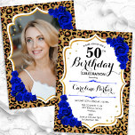 Convites Impressão Leopard Impressão Real Azul Foto 50º Ani<br><div class="desc">Elegante convite de 50 anos femininos com sua foto na parte de trás do cartão. Design de vidro com impressão de leopardo animal e ouro brilhante falso. Apresenta rosas azuis reais de safira, fonte de script e confetti. Perfeito para uma festa de comemoração de na moda adulto. Personalize com seus...</div>