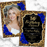 Convites Impressão Leopard Impressão Real Azul Foto 50º Ani<br><div class="desc">Elegante 50º convite de aniversário com sua foto no fundo do cartão. Design azul real preto de vidro com uma impressão de leopardo animal e ouro brilhante. Apresenta rosas azuis de safira, fonte de script e confetti. Perfeito para uma festa de comemoração de na moda adulto. Personalize com seus próprios...</div>