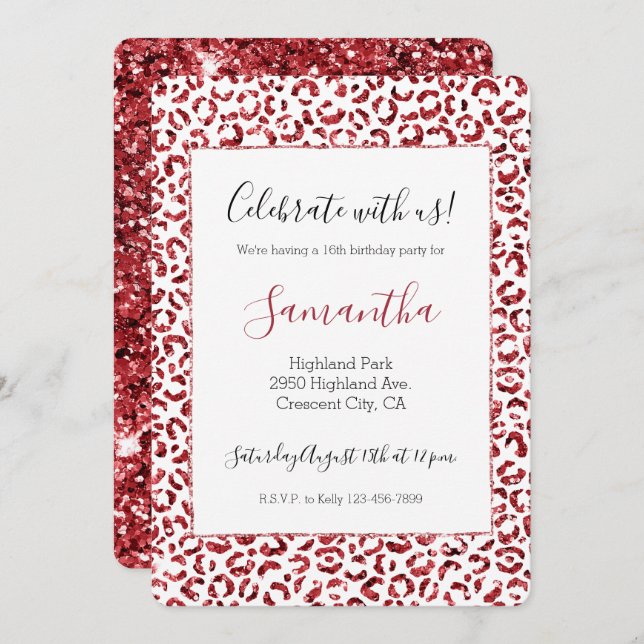 Convites Impressão Leopardo com brilho vermelho (Frente/Verso)
