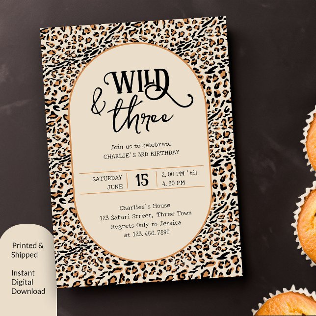 Convites Impressão natural e três leopardo - aniversário de (Wild and Free 3rd Birthday Invitation with leopard print)