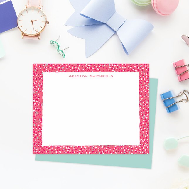 Convites Impressão Pessoal de Leopardo-da-Neve Rosa-Quente (fun colorful hot pink and aqua blue leopard print border frame personal stationery note cards)