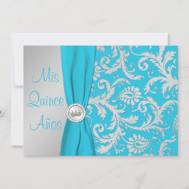 Convites IMPRESSO DE RIBBON Aqua, Foto Silver Quinceanera (Frente)