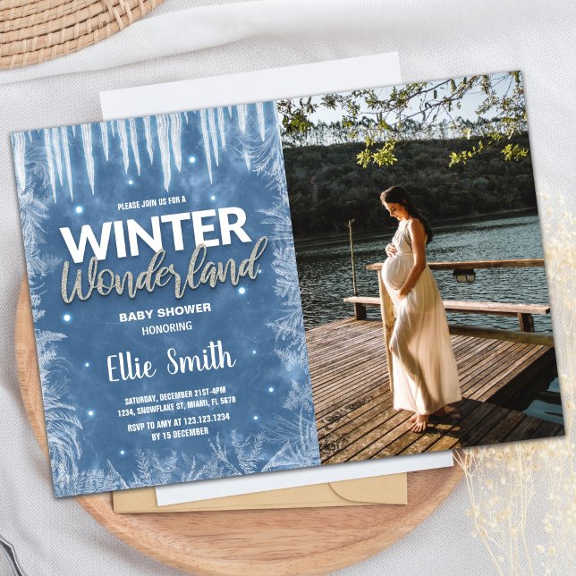 Convites Incêndios De Bebê De Inverno Foto Com Glitter De G (Winter Baby Shower Invitations Ice Glitter Photo)