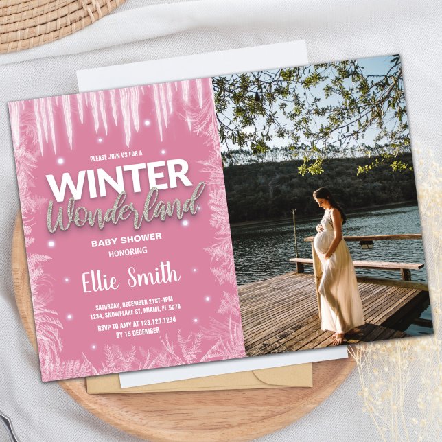Convites Incêndios De Bebê De Inverno Foto Com Glitter De G (Winter Baby Shower Invitations Ice Glitter Photo)