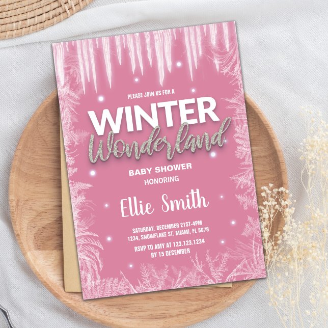Convites Incêndios De Bebê De Inverno Glitas De Gelo Rosa (Winter Baby Shower Invitations Ice Glitter Pink)