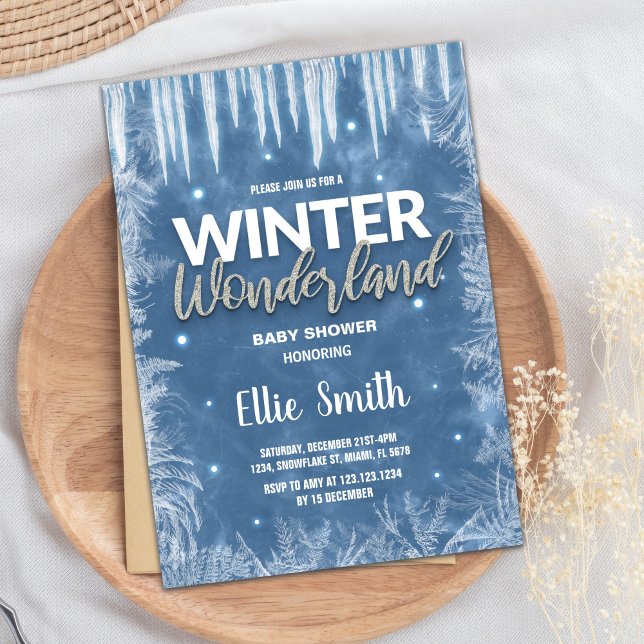 Convites Incêndios De Bebê De Inverno Ice Gliter Silver (Winter Baby Shower Invitations Ice Glitter Silver)