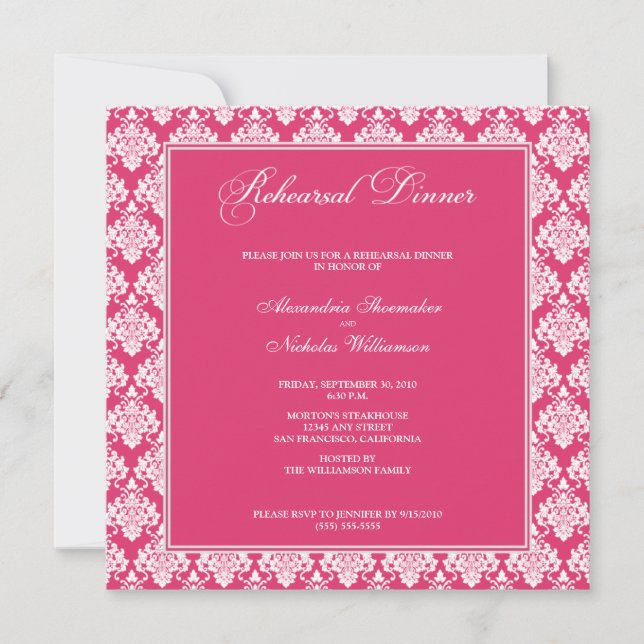 Convites Incrível Janto de ensaio de Damask (Fuschia) (Frente)