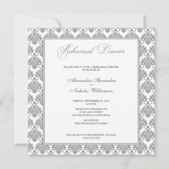 Convites Incrível Janto de ensaio de Damask (prata) (Frente)