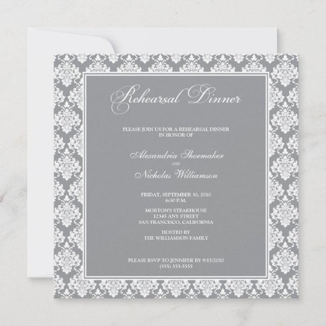 Convites Incrível Janto de ensaio de Damask (prata) (Frente)