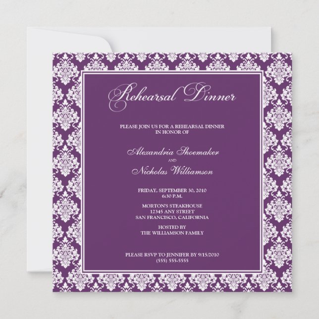 Convites Incrível Janto de ensaio de Damask (roxo) (Frente)