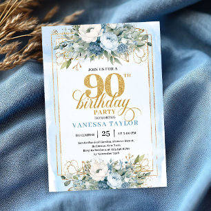 Convites Incrível moldura dourada azul pastel de 90 anos