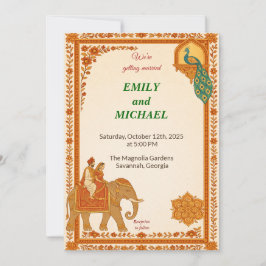 Convites Indian Elephant & Peacock Floral Wedding Invitatio