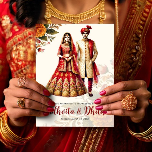 Convites Indian Wedding with Traditional Bride & Groom (Indian Wedding with Traditional Bride & Groom Invitation, Hindu Wedding Card)