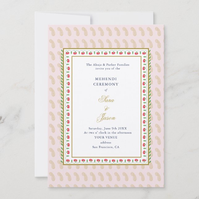 Convites Indígena da Cerimônia Mehendi rosa e Dourada (Frente)