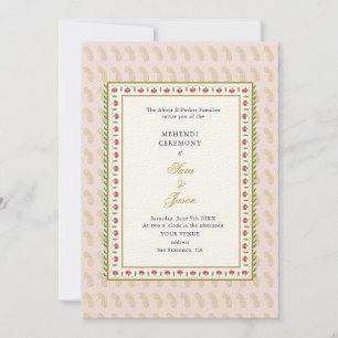 Convites Indígena da Cerimônia Mehendi rosa e Dourada