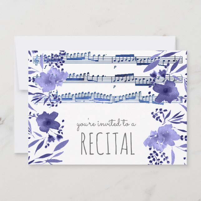 Convites índigo azul aquarela flores musicais (Frente)