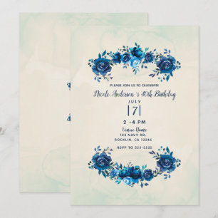 Convites Indigo Azul Bege Flores Aquarela Aniversário