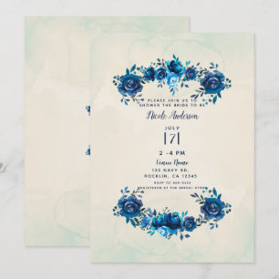 Convites Indigo Azul Bege Flores Aquarela Chá de Noiva
