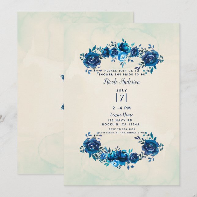 Convites Índigo Azul Bege Flores Aquarela Chá de Noiva (Frente/Verso)