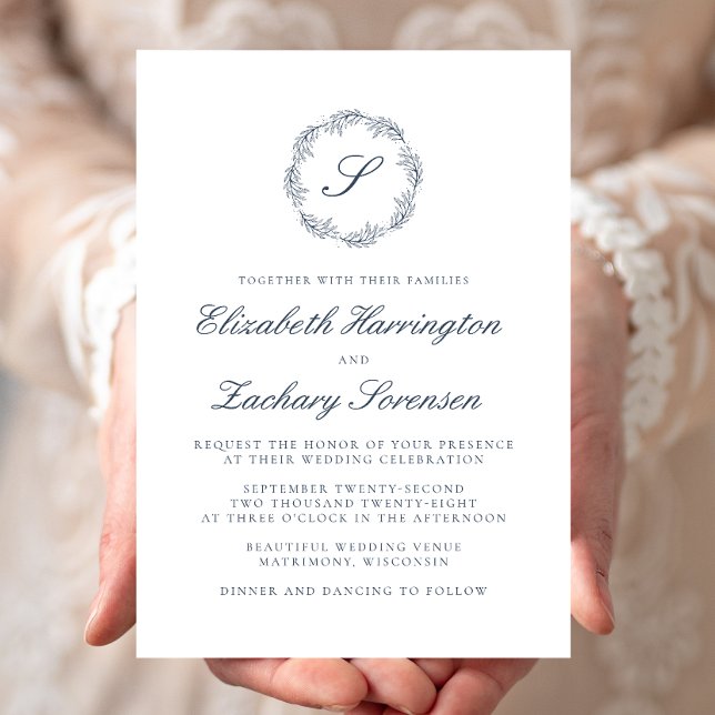 Convites Indigo Azul Monograma Coroa Casamento Script (Criador carregado)