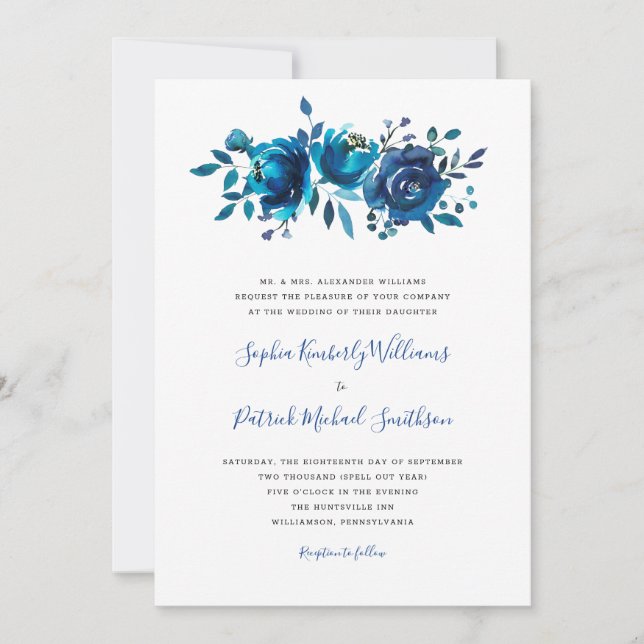 Convites Indigo Blue Floral + texto tradicional do casament (Frente)