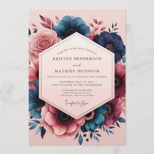 Convites Indigo Blush Painterly Bloom Wedding (Frente)