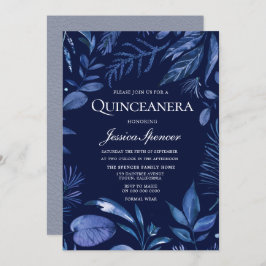 Convites Indigo e Marinho Blue Leaf Floral Quinceanera Conv