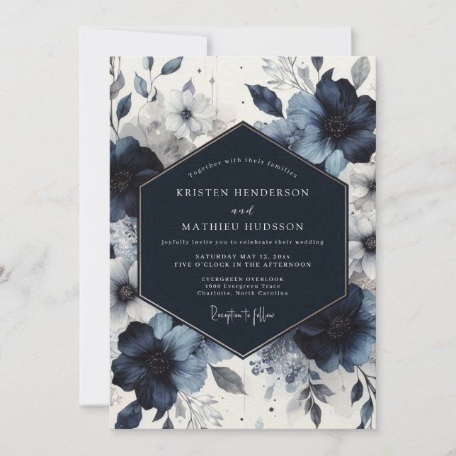Convites Indigo Floral Moody Romance Wedding (Frente)