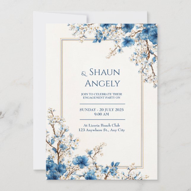Convites Indigo Gold Vein Ethereal Botanical Frame Wedding (Frente)