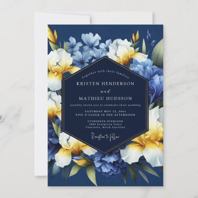 Convites Indigo Golden Iris Bloom Wedding (Frente)