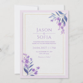 Convites Indigo Leaf Watercolor Lavender Gold Frame Wedding