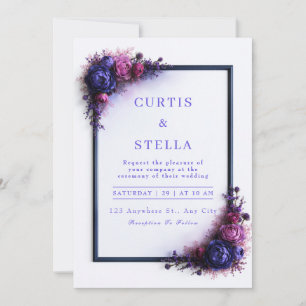 Convites Índigo Magenta Esquina Floral Quadro Casamento
