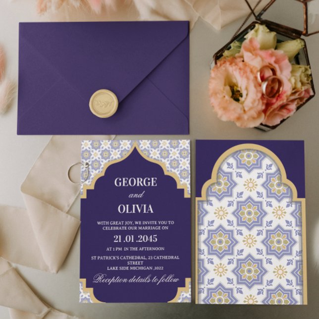 Convites Indigo Moroccan Tile Wedding (Criador carregado)
